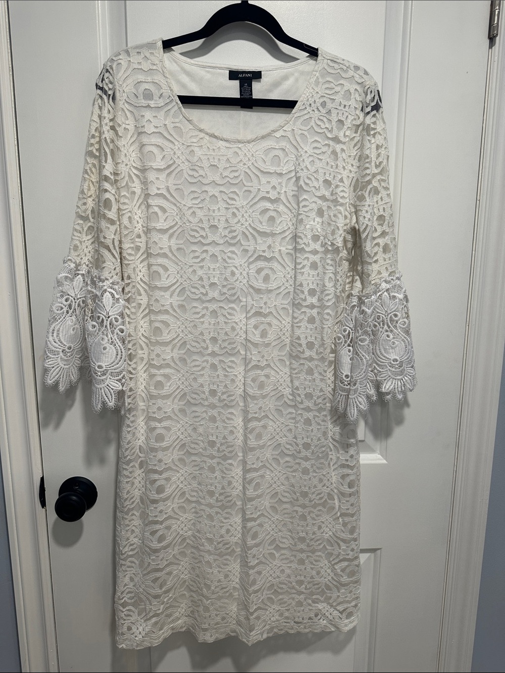 Alfani Cream Lace Shift Dress with Scalloped Bell Sleeves